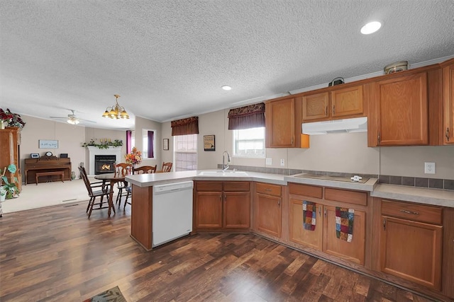 1318 N Cook St, Cordell, OK 73632 - kitchen with dishwasher, a sink, under cabinet range hood, brown cabinetry, and a textured ceiling