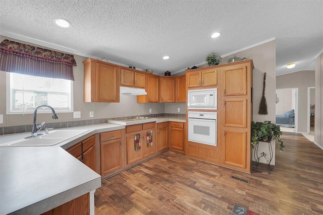 1318 N Cook St, Cordell, OK 73632 - kitchen with white appliances, a sink, a textured ceiling, dark wood-type flooring, and light countertops