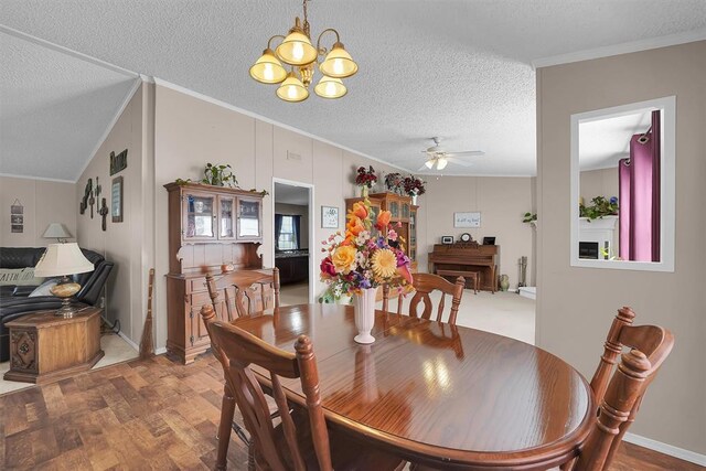1318 N Cook St, Cordell, OK 73632 - dining area with wood finished floors, a chandelier, crown molding, a ceiling fan, and a textured ceiling