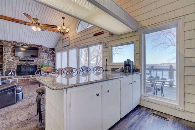926 Park Cove Ln, Eucha, OK 74342 - kitchen with open floor plan, vaulted ceiling, white cabinetry, dark wood-style floors, and a fireplace