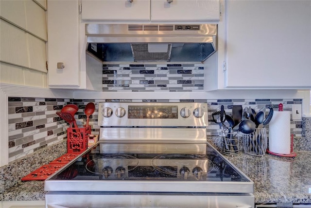 926 Park Cove Ln, Eucha, OK 74342 - kitchen featuring electric stove, decorative backsplash, extractor fan, and white cabinetry