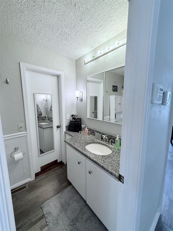 926 Park Cove Ln, Eucha, OK 74342 - bathroom with wood finished floors, vanity, and a textured ceiling