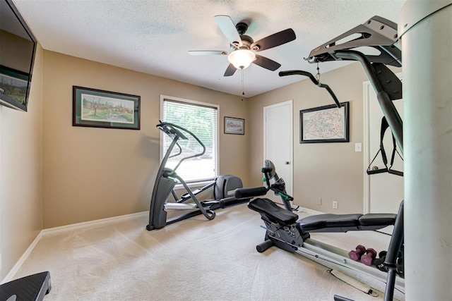 1736 Bryant Cir, Norman, OK 73026 - workout room featuring ceiling fan, baseboards, carpet floors, and a textured ceiling