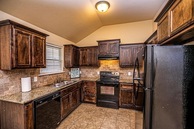 12604 William Penn Blvd, Oklahoma City, OK 73103 - kitchen featuring black appliances, under cabinet range hood, lofted ceiling, dark brown cabinets, and tasteful backsplash
