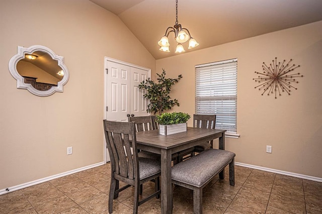 12604 William Penn Blvd, Oklahoma City, OK 73103 - dining space featuring a chandelier, vaulted ceiling, and tile patterned flooring