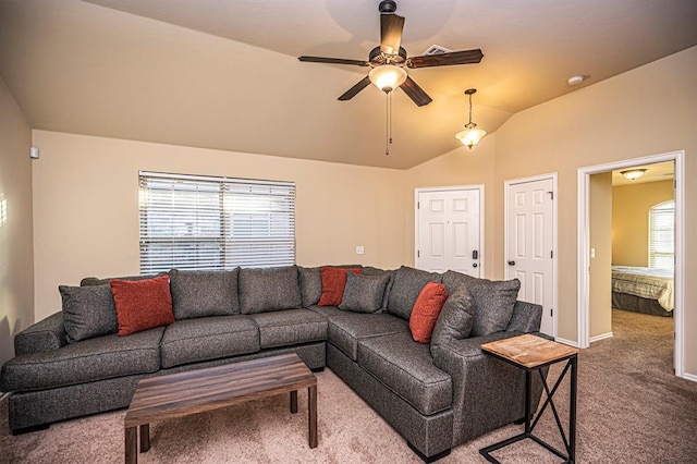 12604 William Penn Blvd, Oklahoma City, OK 73103 - living area with carpet floors, ceiling fan, and vaulted ceiling