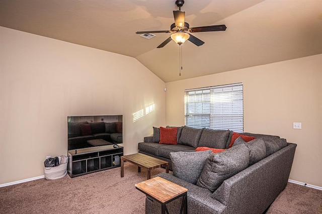 12604 William Penn Blvd, Oklahoma City, OK 73103 - living area featuring carpet flooring, ceiling fan, and lofted ceiling