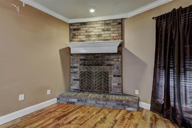 846 Two Forty Pl, Oklahoma City, OK 73139 - detailed view of crown molding, a brick fireplace, and wood finished floors