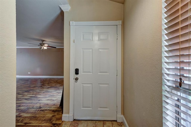 846 Two Forty Pl, Oklahoma City, OK 73139 - doorway to outside featuring ceiling fan, wood finished floors, and a textured wall