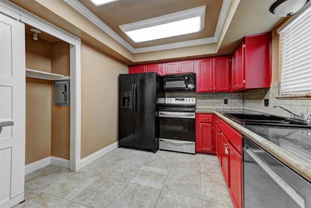 846 Two Forty Pl, Oklahoma City, OK 73139 - kitchen featuring black appliances, electric panel, decorative backsplash, ornamental molding, and reddish brown cabinets