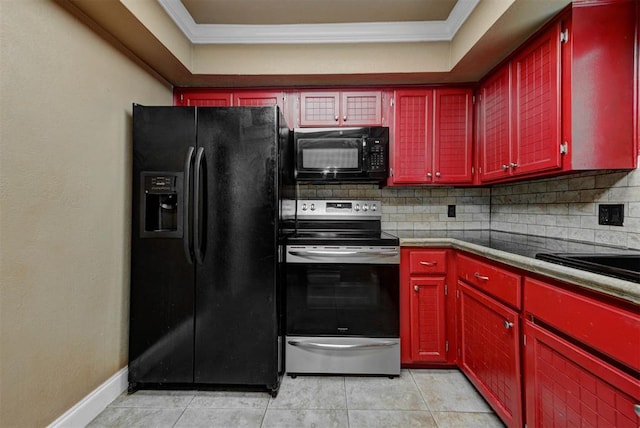 846 Two Forty Pl, Oklahoma City, OK 73139 - kitchen with black appliances, crown molding, decorative backsplash, red cabinetry, and light tile patterned floors