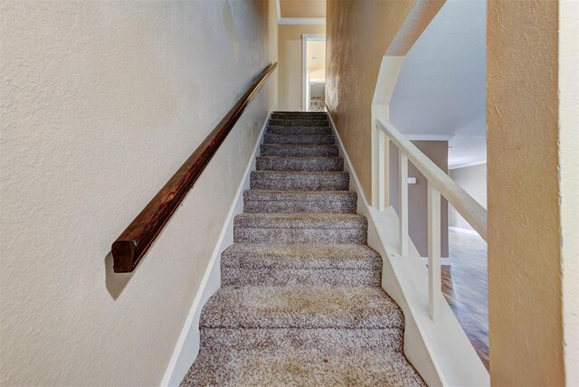 846 Two Forty Pl, Oklahoma City, OK 73139 - staircase with a textured wall and crown molding