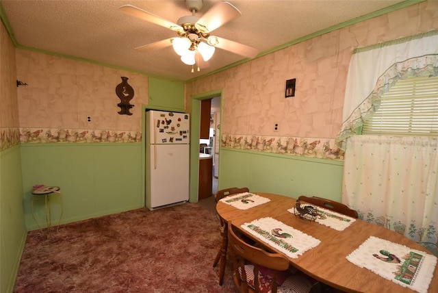 220 E Tiger Ave, Wetumka, OK 74883 - carpeted dining space featuring wainscoting, a textured ceiling, wallpapered walls, and a ceiling fan
