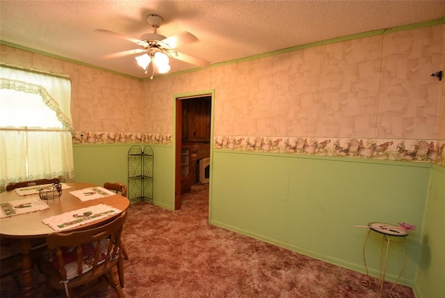 220 E Tiger Ave, Wetumka, OK 74883 - carpeted dining room featuring a wainscoted wall, a ceiling fan, a textured ceiling, and wallpapered walls