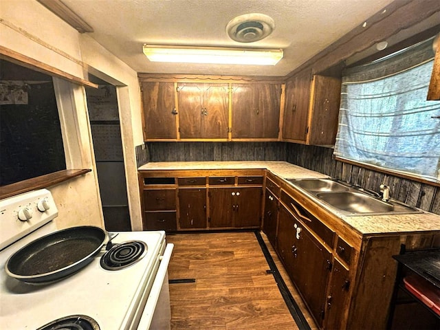 1407 S 9th St, Chickasha, OK 73018 - kitchen with range, a sink, dark wood finished floors, dark brown cabinetry, and a textured ceiling