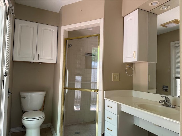 2125 Fremont Dr, The Village, OK 73120 - bathroom with toilet, vanity, a stall shower, and tile patterned floors