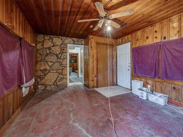 3236 SW 37th St, Oklahoma City, OK 73119 - empty room featuring wood ceiling, wood walls, concrete flooring, and ceiling fan