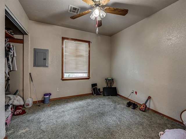 3236 SW 37th St, Oklahoma City, OK 73119 - empty room featuring electric panel, carpet, a ceiling fan, baseboards, and a textured wall