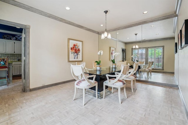 6206 Waterford Blvd Unit 78, Oklahoma City, OK 73118 - dining area featuring a chandelier, baseboards, ornamental molding, and recessed lighting