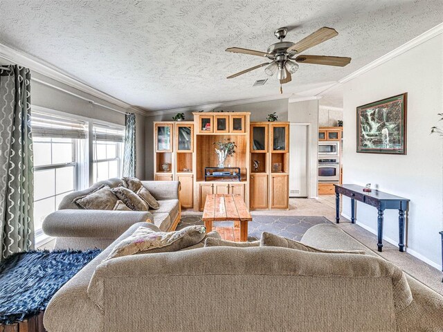 19108 Finn Ridge Rd, Purcell, OK 73080 - living area with crown molding, vaulted ceiling, a ceiling fan, a textured ceiling, and baseboards