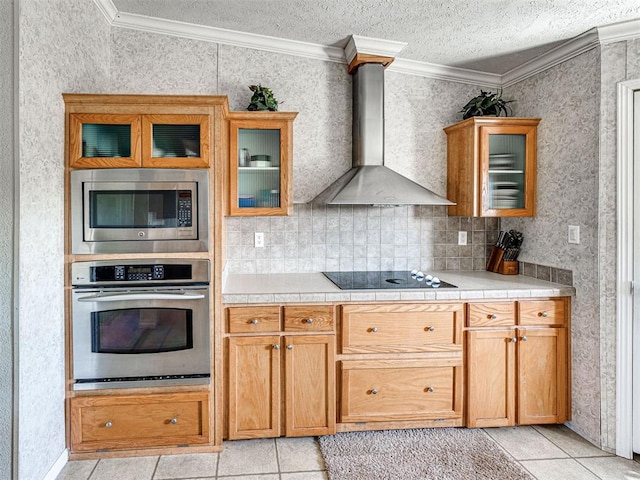 19108 Finn Ridge Rd, Purcell, OK 73080 - kitchen with appliances with stainless steel finishes, wall chimney range hood, crown molding, a textured ceiling, and light tile patterned flooring