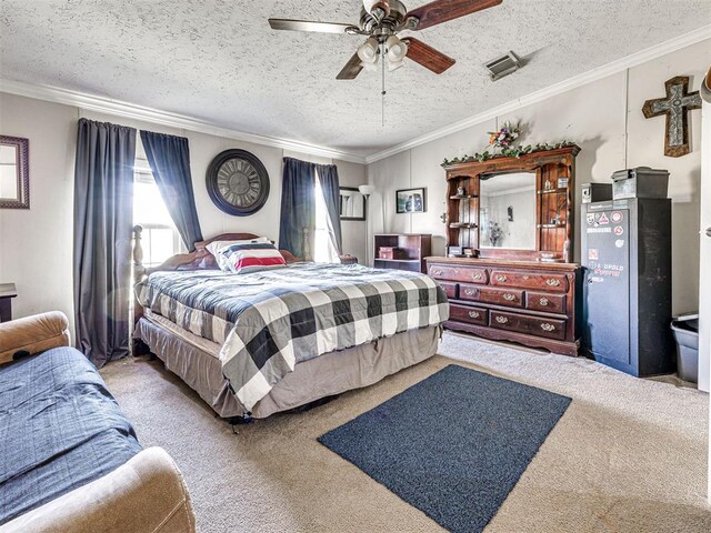 19108 Finn Ridge Rd, Purcell, OK 73080 - bedroom with carpet floors, ornamental molding, a textured ceiling, and ceiling fan