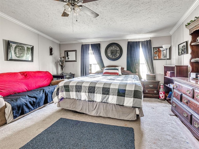 19108 Finn Ridge Rd, Purcell, OK 73080 - bedroom featuring carpet floors, crown molding, a textured ceiling, and ceiling fan