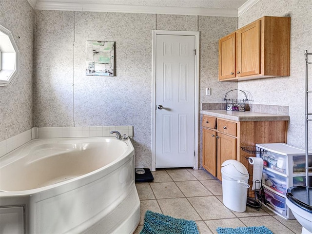 19108 Finn Ridge Rd, Purcell, OK 73080 - full bathroom with crown molding, a bath, wallpapered walls, and tile patterned flooring