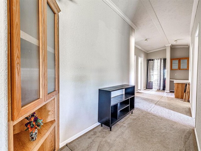 19108 Finn Ridge Rd, Purcell, OK 73080 - corridor with light carpet, crown molding, baseboards, a textured wall, and a textured ceiling
