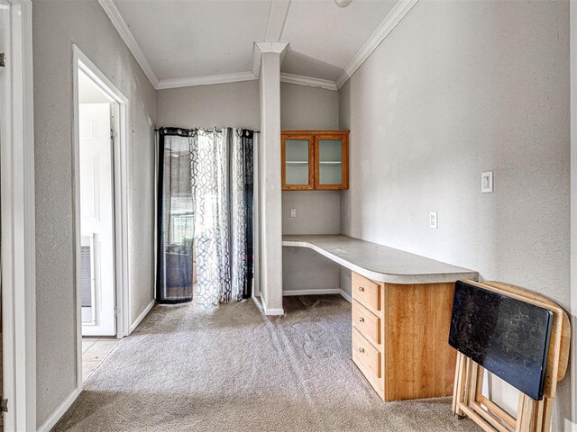19108 Finn Ridge Rd, Purcell, OK 73080 - unfurnished office featuring light carpet, built in desk, crown molding, and baseboards