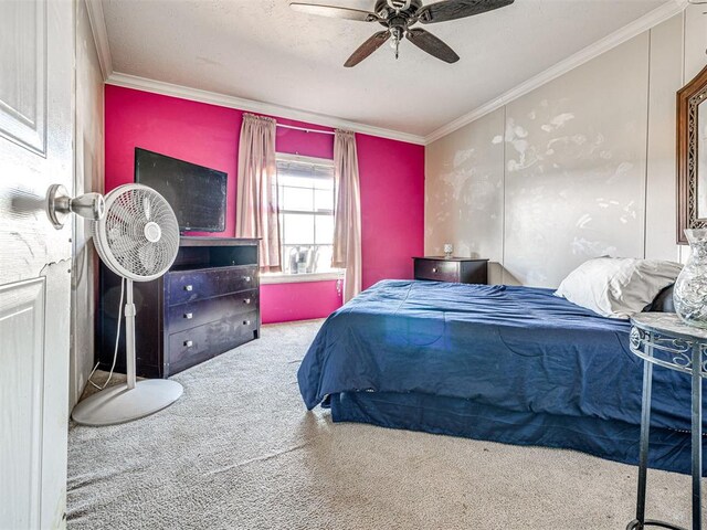 19108 Finn Ridge Rd, Purcell, OK 73080 - bedroom featuring carpet floors, crown molding, and ceiling fan