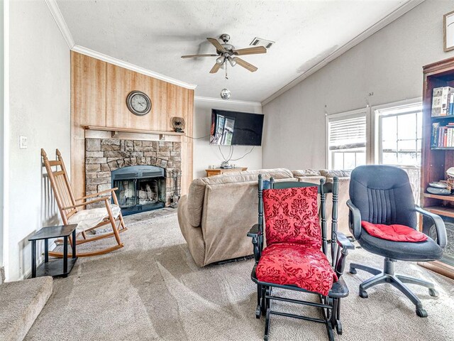 19108 Finn Ridge Rd, Purcell, OK 73080 - living area with carpet floors, ceiling fan, crown molding, healthy amount of natural light, and a fireplace