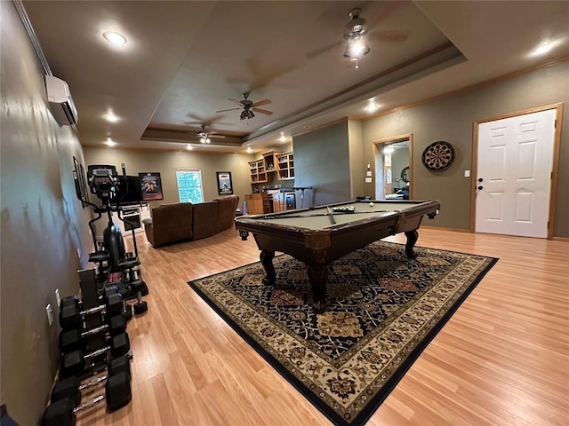 12 Northwood Dr, Shawnee, OK 74804 - rec room with a raised ceiling, ceiling fan, light wood-type flooring, billiards table, and ornamental molding