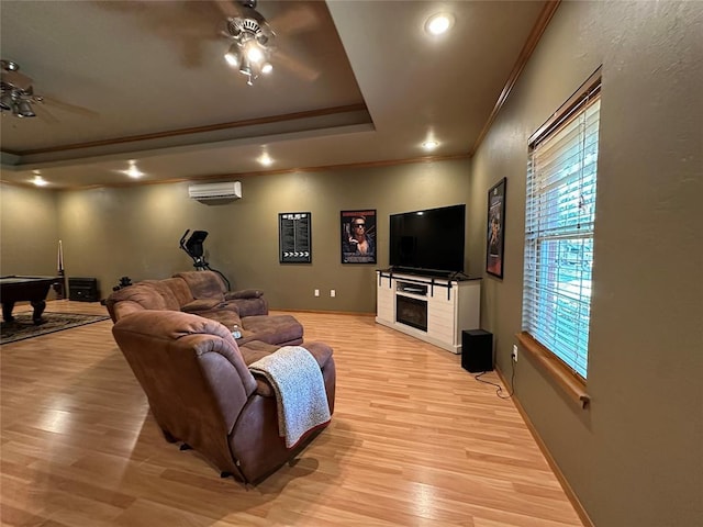 12 Northwood Dr, Shawnee, OK 74804 - living room featuring ceiling fan, a wall mounted AC, ornamental molding, billiards, and light wood-style flooring