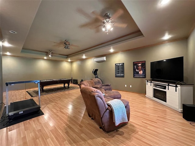 12 Northwood Dr, Shawnee, OK 74804 - rec room featuring a raised ceiling, a wall mounted air conditioner, ceiling fan, light wood-type flooring, and pool table