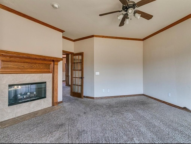 5704 Bent Creek Dr, Oklahoma City, OK 73135 - unfurnished living room with carpet flooring, crown molding, a ceiling fan, baseboards, and french doors