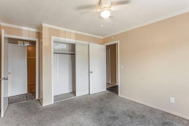 2604 N Ann Arbor Ave Unit 224, Oklahoma City, OK 73127 - unfurnished bedroom featuring crown molding, carpet floors, a closet, and a ceiling fan