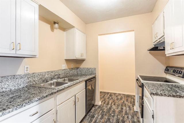 2604 N Ann Arbor Ave Unit 224, Oklahoma City, OK 73127 - kitchen with range with electric stovetop, black dishwasher, under cabinet range hood, white cabinets, and dark wood-type flooring