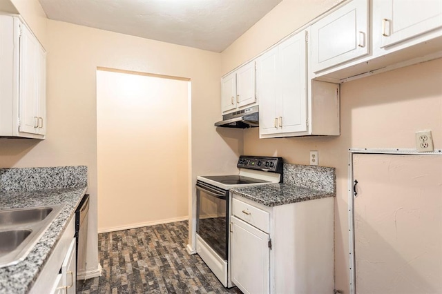 2604 N Ann Arbor Ave Unit 224, Oklahoma City, OK 73127 - kitchen featuring white range with electric cooktop, under cabinet range hood, white cabinets, dark wood finished floors, and dishwasher