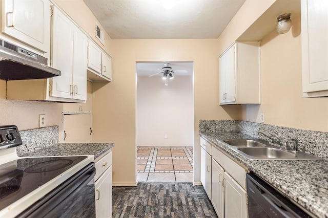 2604 N Ann Arbor Ave Unit 224, Oklahoma City, OK 73127 - kitchen featuring black appliances, under cabinet range hood, a ceiling fan, white cabinetry, and dark tile patterned floors