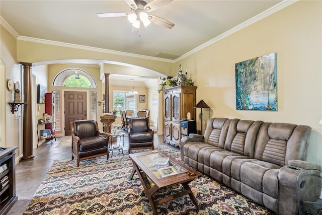 3201 Pinehurst Dr, Norman, OK 73072 - tiled living room with ornate columns, arched walkways, a ceiling fan, and crown molding