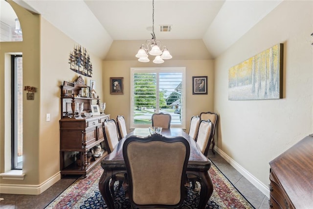 3201 Pinehurst Dr, Norman, OK 73072 - dining area featuring a chandelier, tile patterned floors, and vaulted ceiling