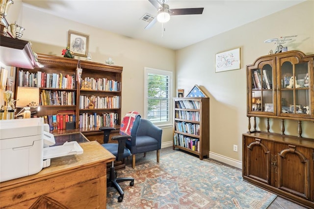 3201 Pinehurst Dr, Norman, OK 73072 - home office featuring a ceiling fan and baseboards