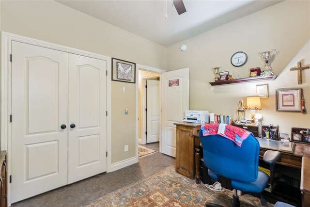 3201 Pinehurst Dr, Norman, OK 73072 - office featuring a ceiling fan and dark tile patterned floors
