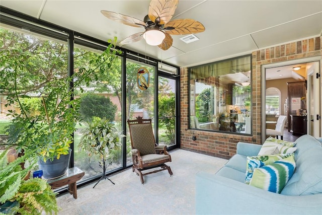 3201 Pinehurst Dr, Norman, OK 73072 - sunroom featuring brick wall, a ceiling fan, healthy amount of natural light, and outdoor lounge area