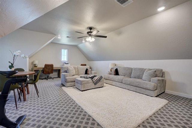 612 E Coffee Creek Rd, Edmond, OK 73034 - living area with carpet floors, an office area, a ceiling fan, lofted ceiling, and baseboards