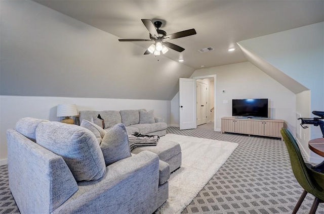 612 E Coffee Creek Rd, Edmond, OK 73034 - carpeted living area with lofted ceiling, a ceiling fan, baseboards, and recessed lighting