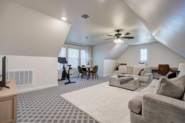 612 E Coffee Creek Rd, Edmond, OK 73034 - carpeted living area with baseboards, vaulted ceiling, a ceiling fan, and recessed lighting