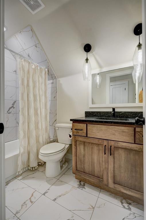 612 E Coffee Creek Rd, Edmond, OK 73034 - full bath featuring marble finish floors, vanity, toilet, and shower / bath combo