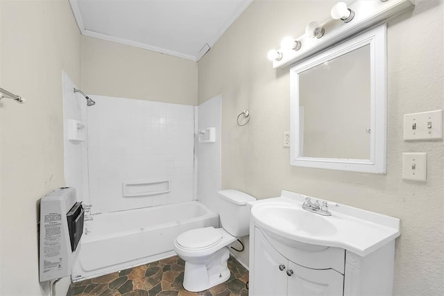 209 E 3rd St, Erick, OK 73645 - full bath with ornamental molding, heating unit, vanity, toilet, and shower / bathtub combination